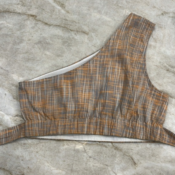 BCBGeneration Basket Weave One Shoulder Crop Top Muted Blue/Orange Tie Waist S - Picture 4 of 14